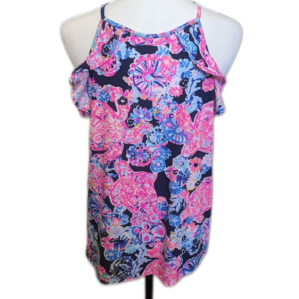 Lilly Pulitzer Billie top pink, navy, blue tank top, keyhole back, stretch S